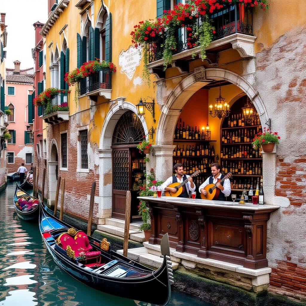 Venetian Canal Tavern Scene with Musicians and Revelers