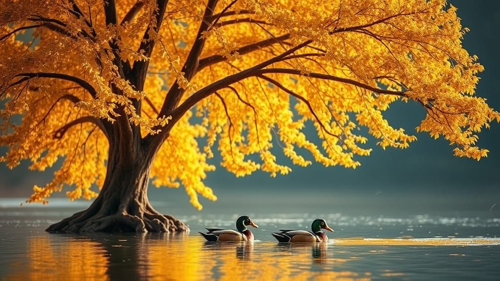 Golden Tree by Tranquil Lake with Mandarin Ducks