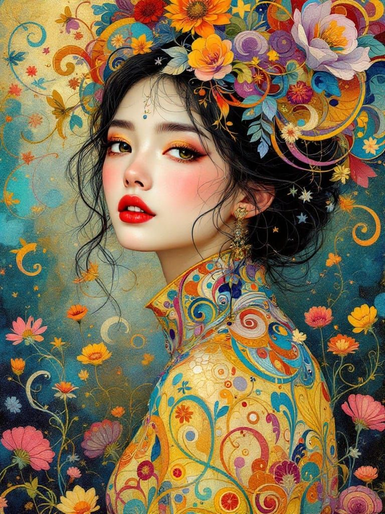 Ethereal Asian Beauty in Whimsical Art Nouveau Attire