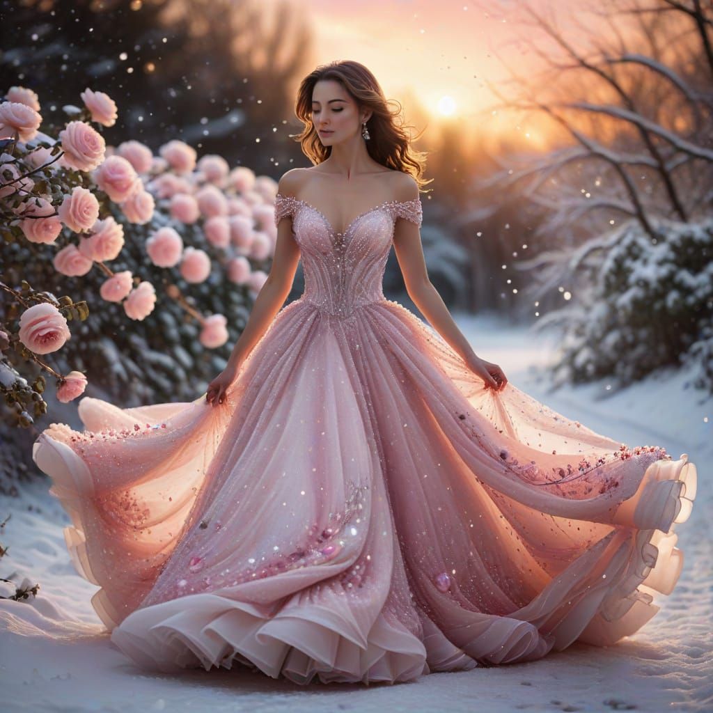 Elegant Lady in Roses Walks Through Sparkling Snow