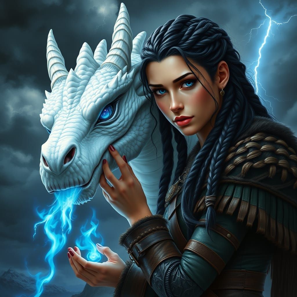 Viking Warrior Maiden Petting a Majestic White Dragon with B...