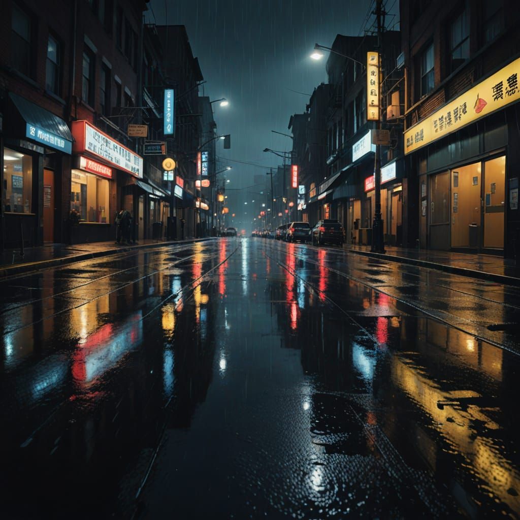 Rainy Cityscape Under Neon Lights