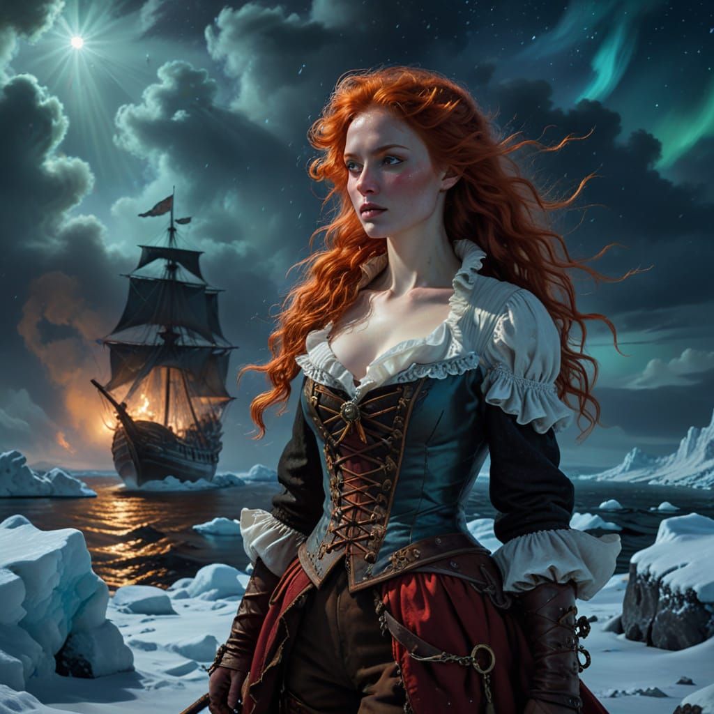 Ghostly Pirate Woman in Arctic Night, Baroque Oil Painting