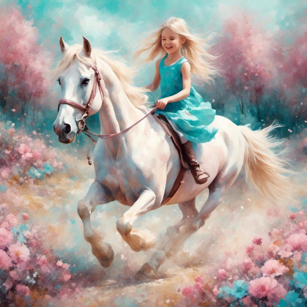Gentle Girl Rides Tiny Clydesdale in Whimsical Pastel Scene