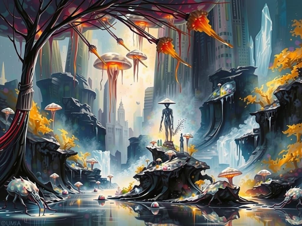 Surreal Bioluminescent Mushroom Cityscape with Alien Creatur...