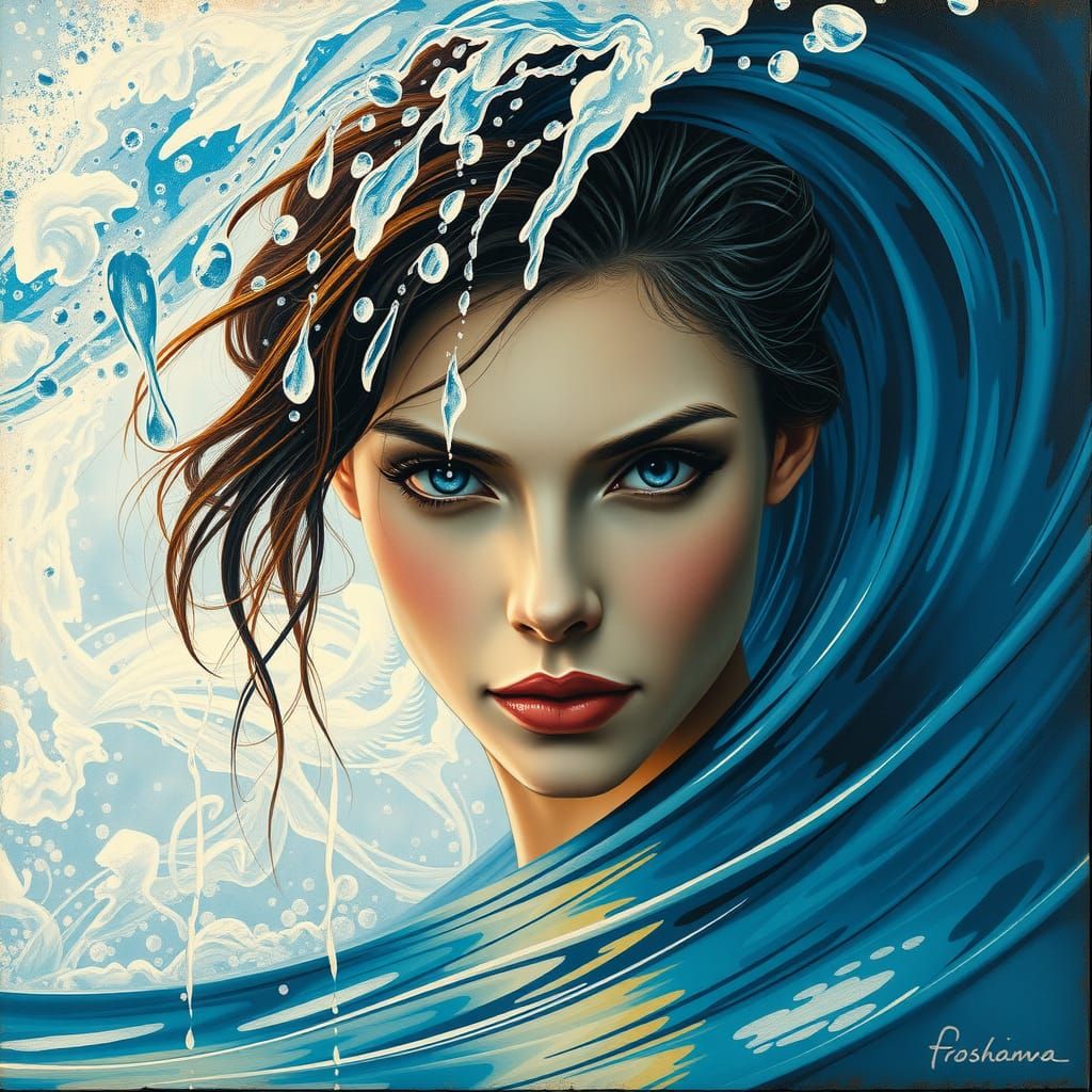 Serene Figure Amidst Turbulent Blue Wave