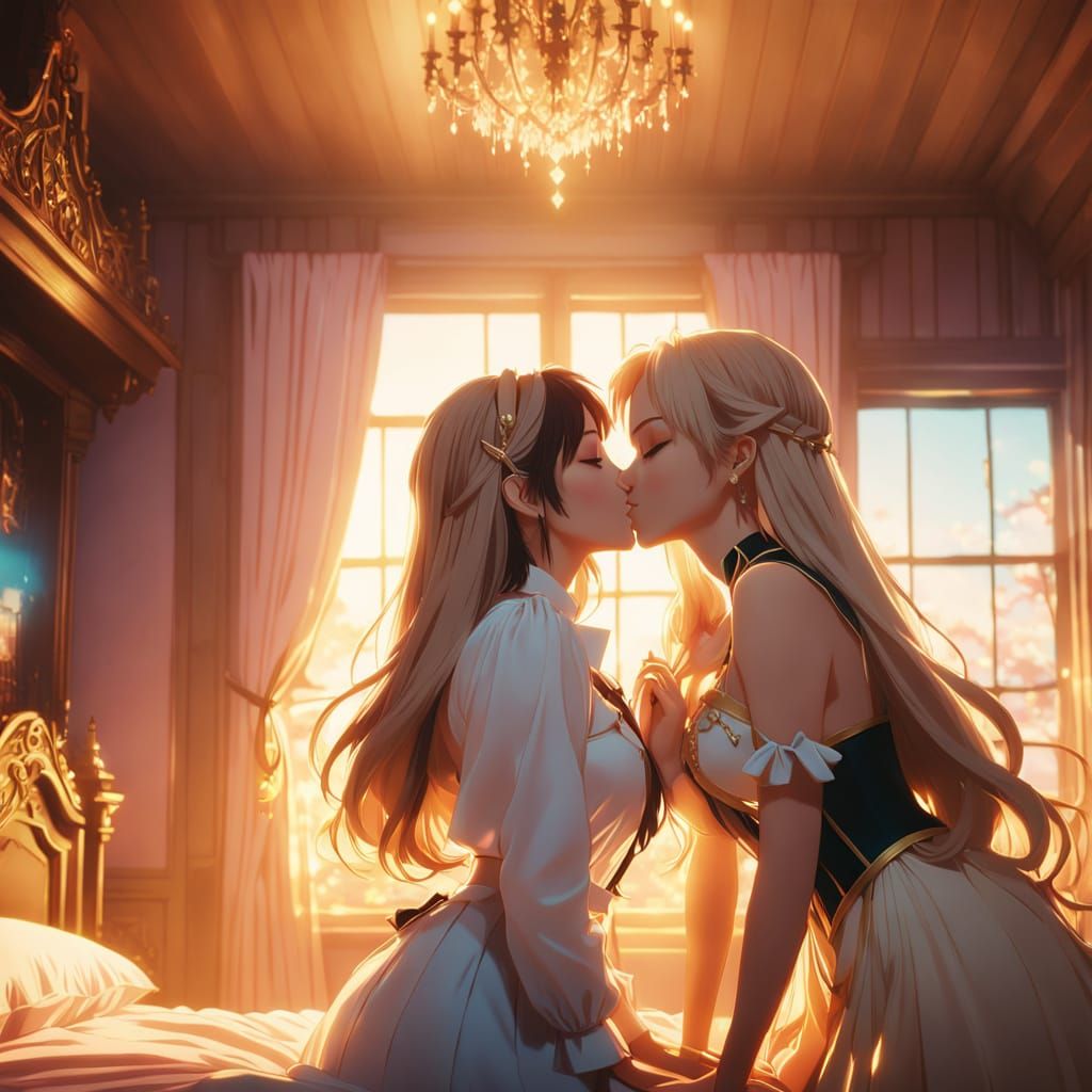 Lesbian Kiss in Anime Key Visual Style