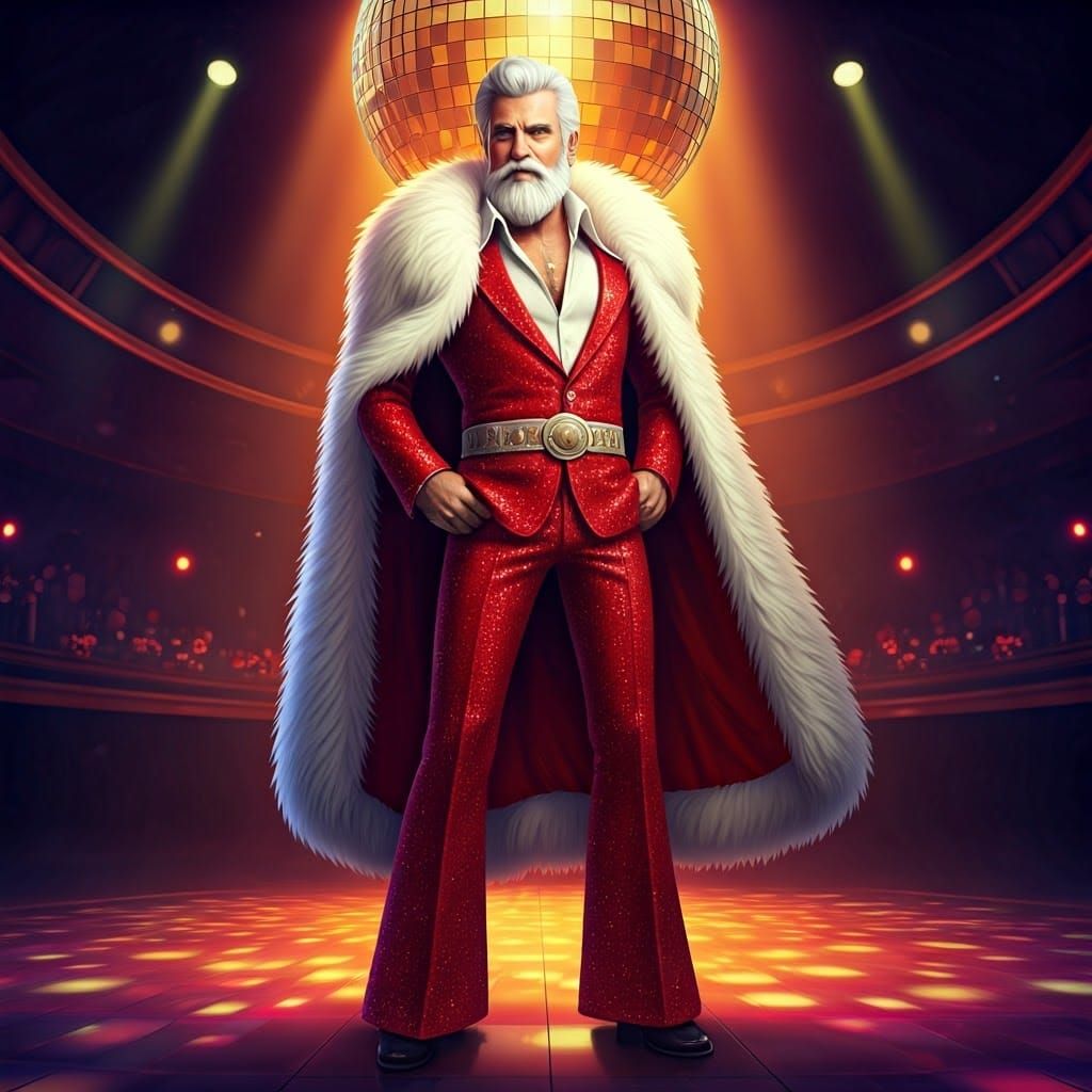 full body view, lead male character iconic pose from the famous disco movie,  a man dressed in a disco styled red suit w...