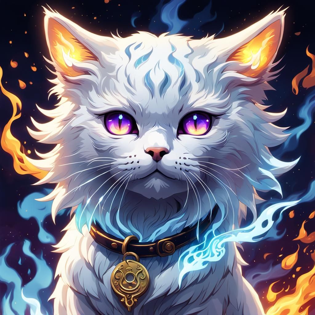 Mystical Anime Cat with Wind Up Key and Swirling Flames