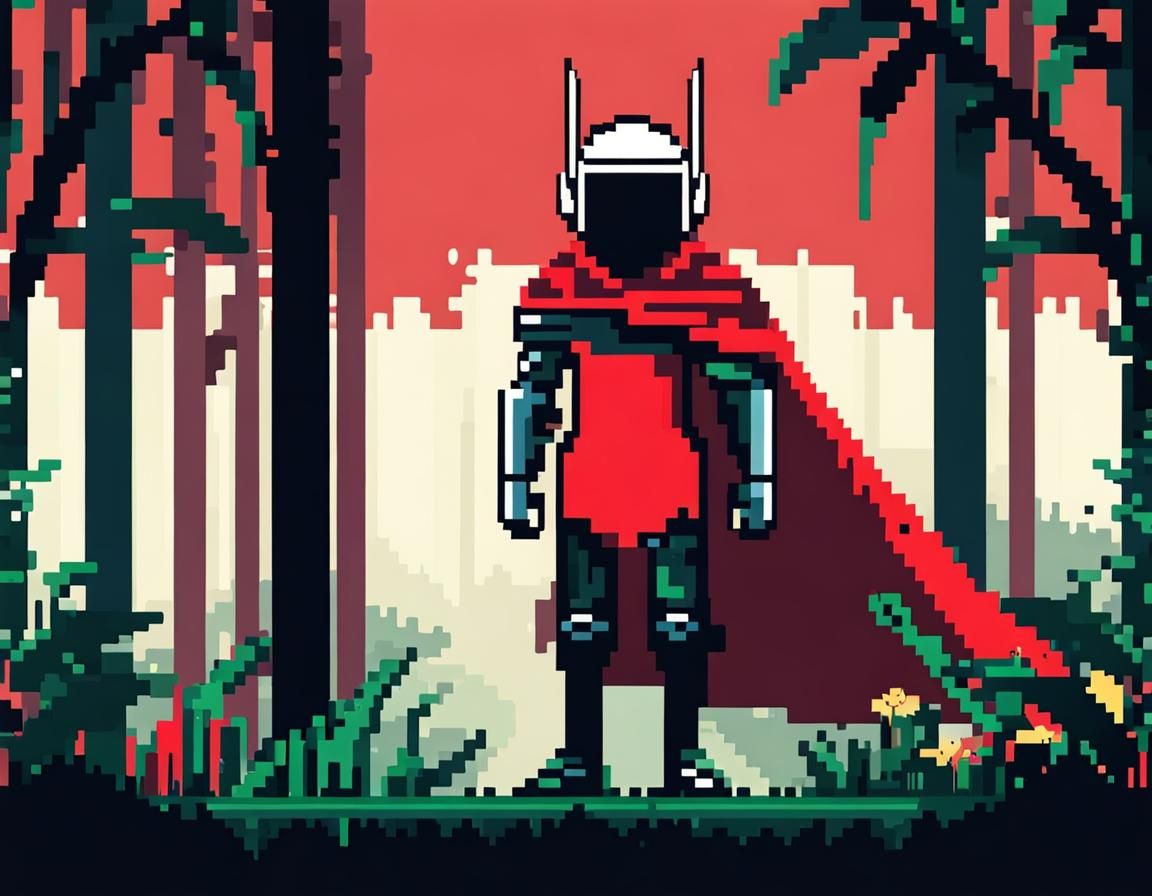 Pixel Art Warrior in Daft Punk Helmet, Jungle Setting