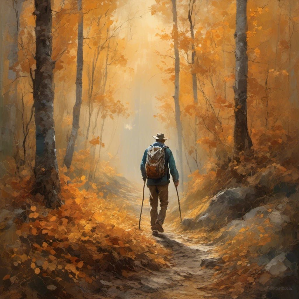 Golden Light in Autumn Woods, Impressionist Painting