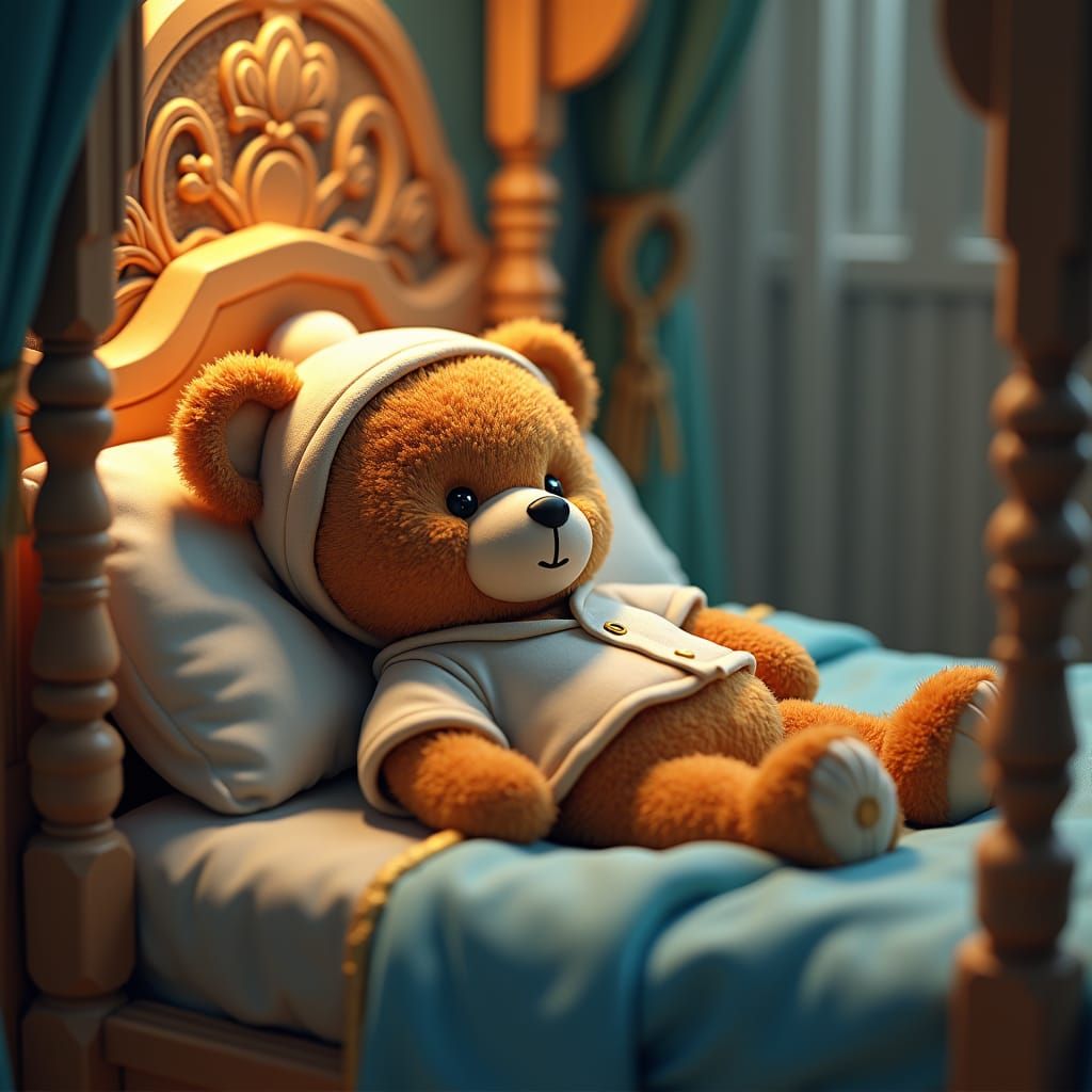 Teddy Bear in Whimsical Dreamscape, Nightcap and Nightshirt,...