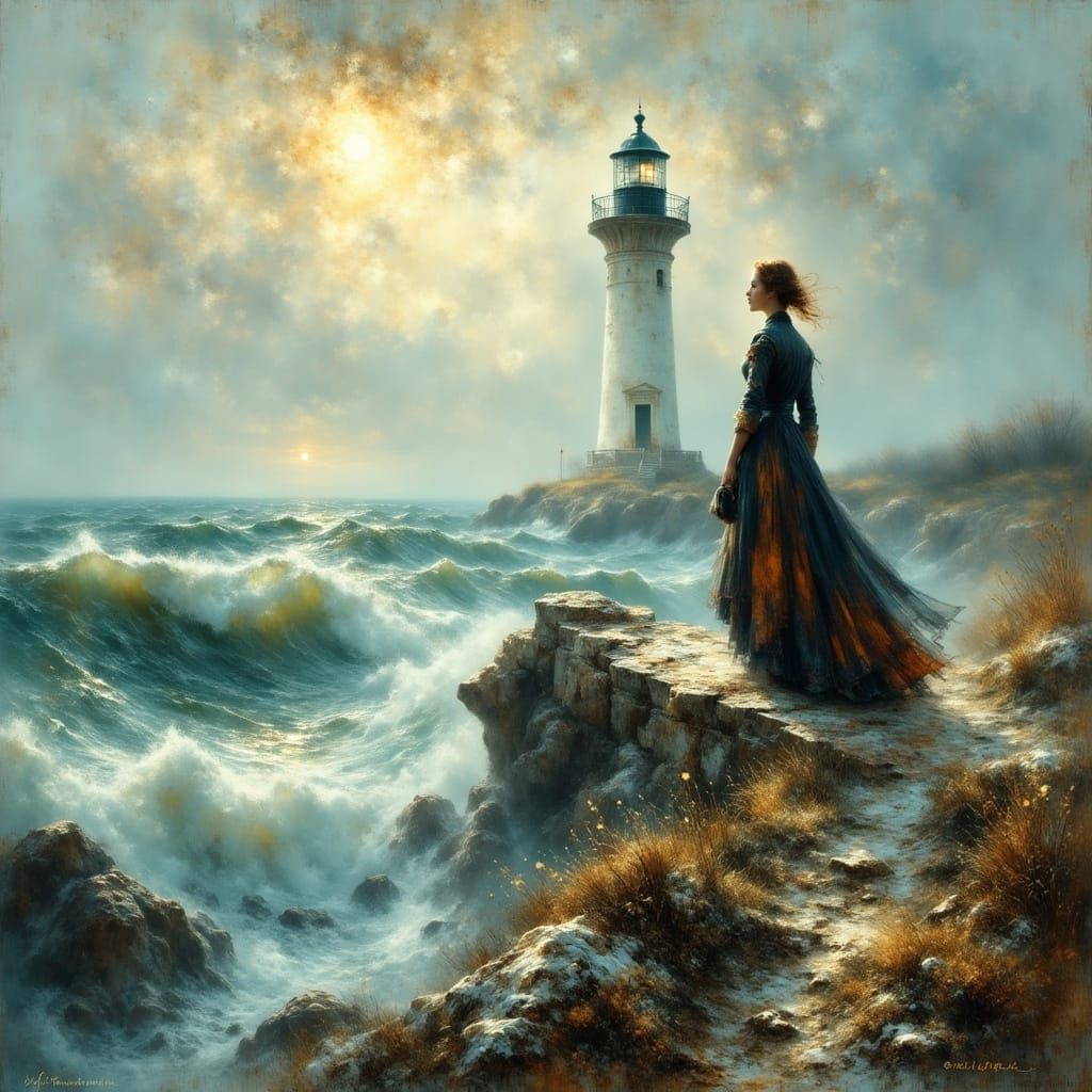 1900 Lighthouse Scene: Woman Gazes at Stormy Sea