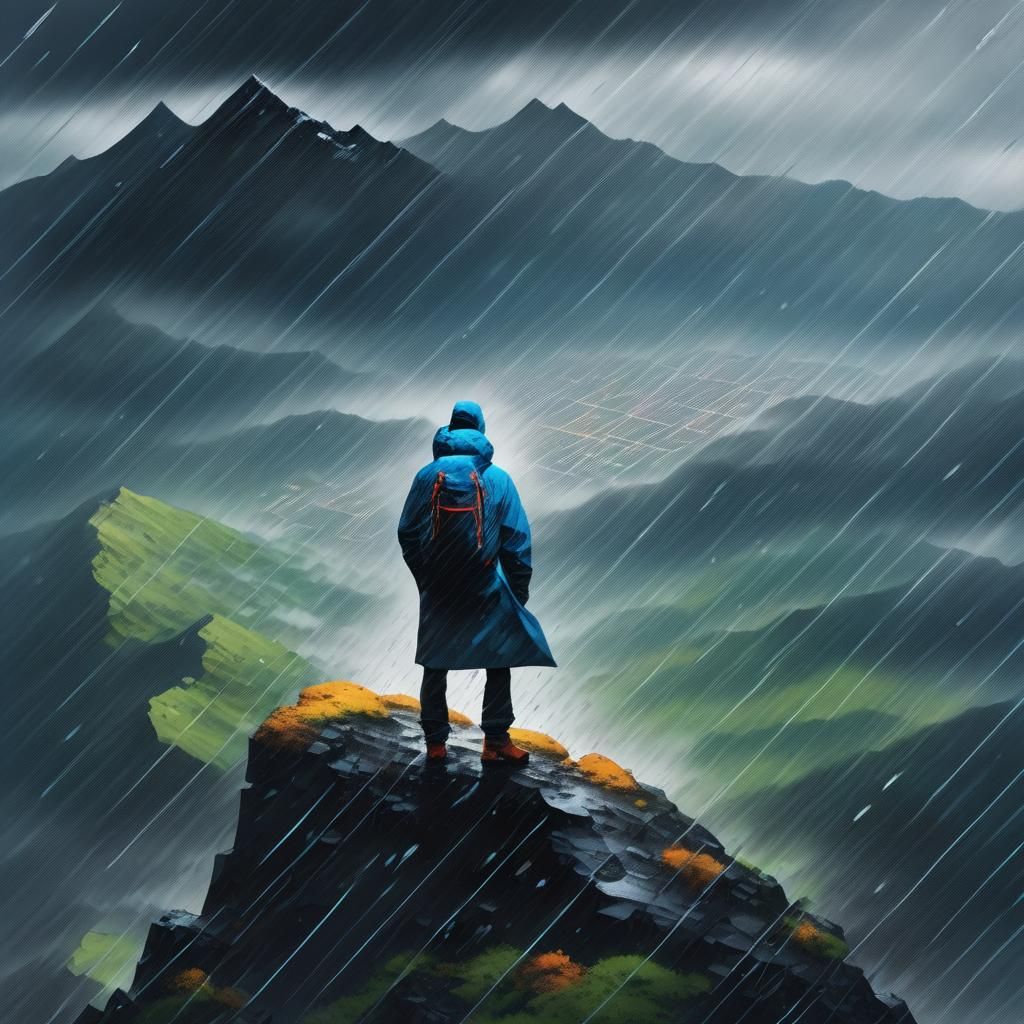 Man Standing in Rain on Mountain Peak