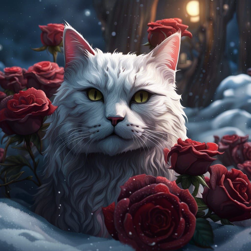 Fantastical Feline in Winter Wonderland with Vibrant Roses