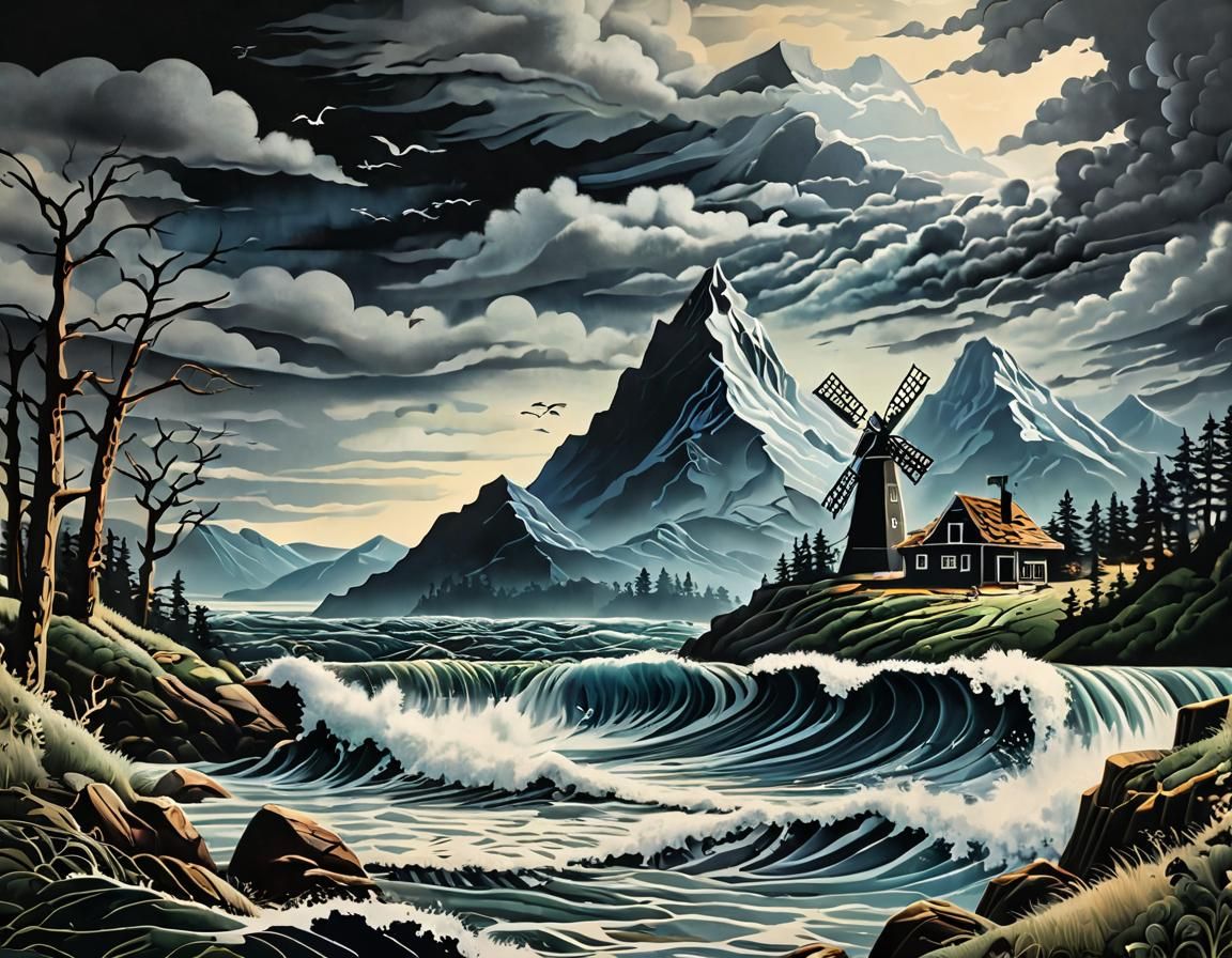 Stormy Coastal Scene in Moody Oil Painting