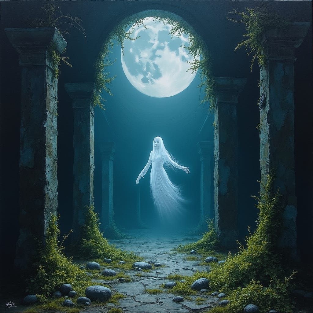 Gothic Spirit Drifts Through Ancient Ruins