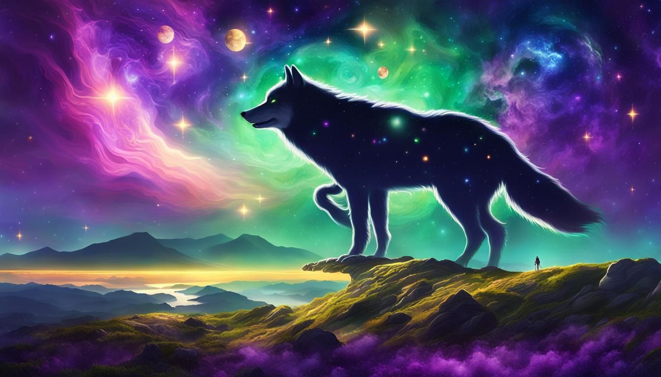 Surreal Cosmic Wolf Unveiled Among Vibrant Planetary Landsca...