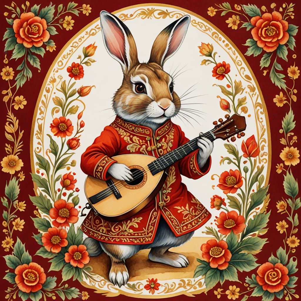Whimsical Russian Folk Art Rabbit in Traditional Khokhloma S...