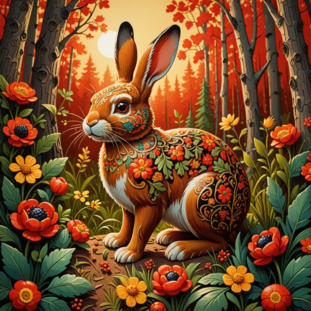 Whimsical Russian Folk Art Woodcut of a Rabbit in a Forest