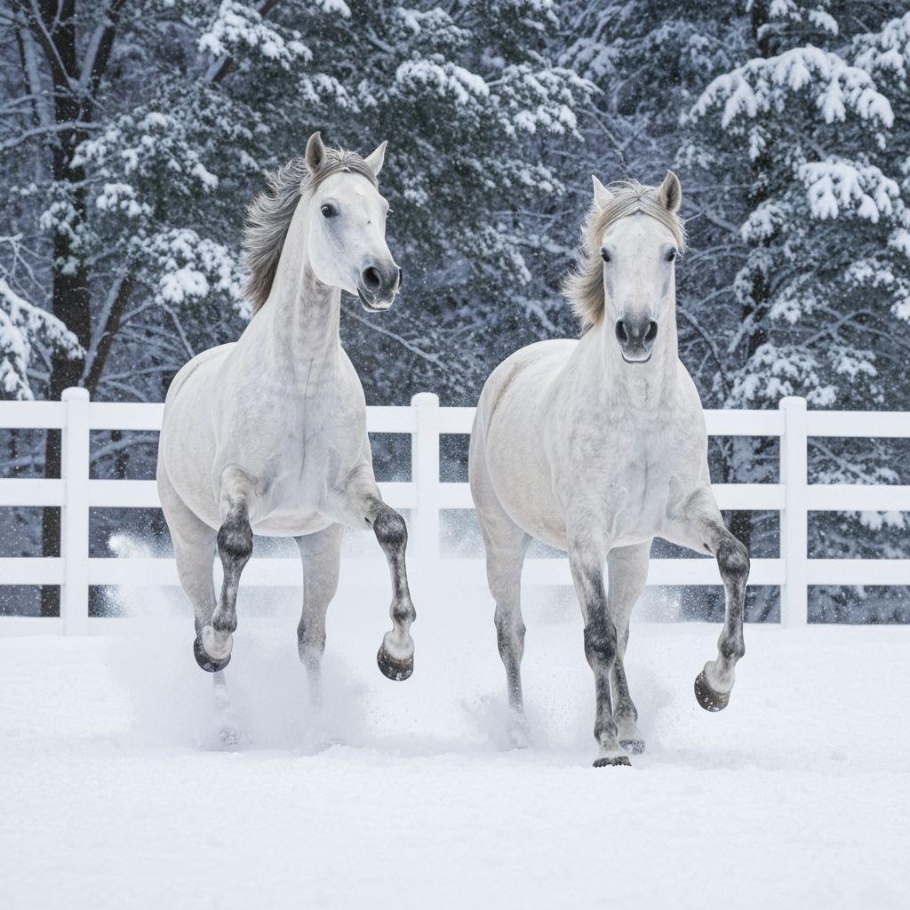Majestic White Horses Play in Snowy Landscape