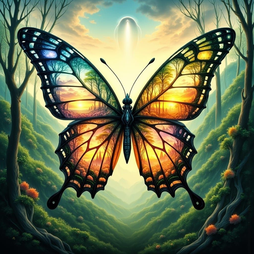 Majestic Butterfly Soars in Whimsical Fantasy Landscape