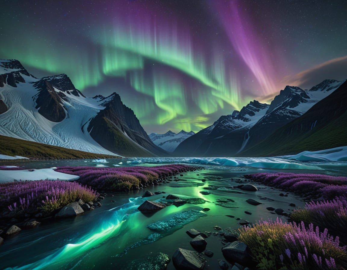 Ethereal Aurora Borealis above Alaskan Glacier