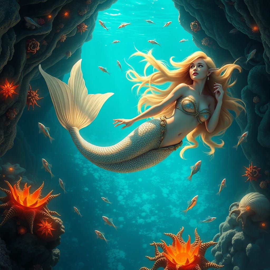 Majestic Mermaid in Vibrant Underwater Cove with Treasures