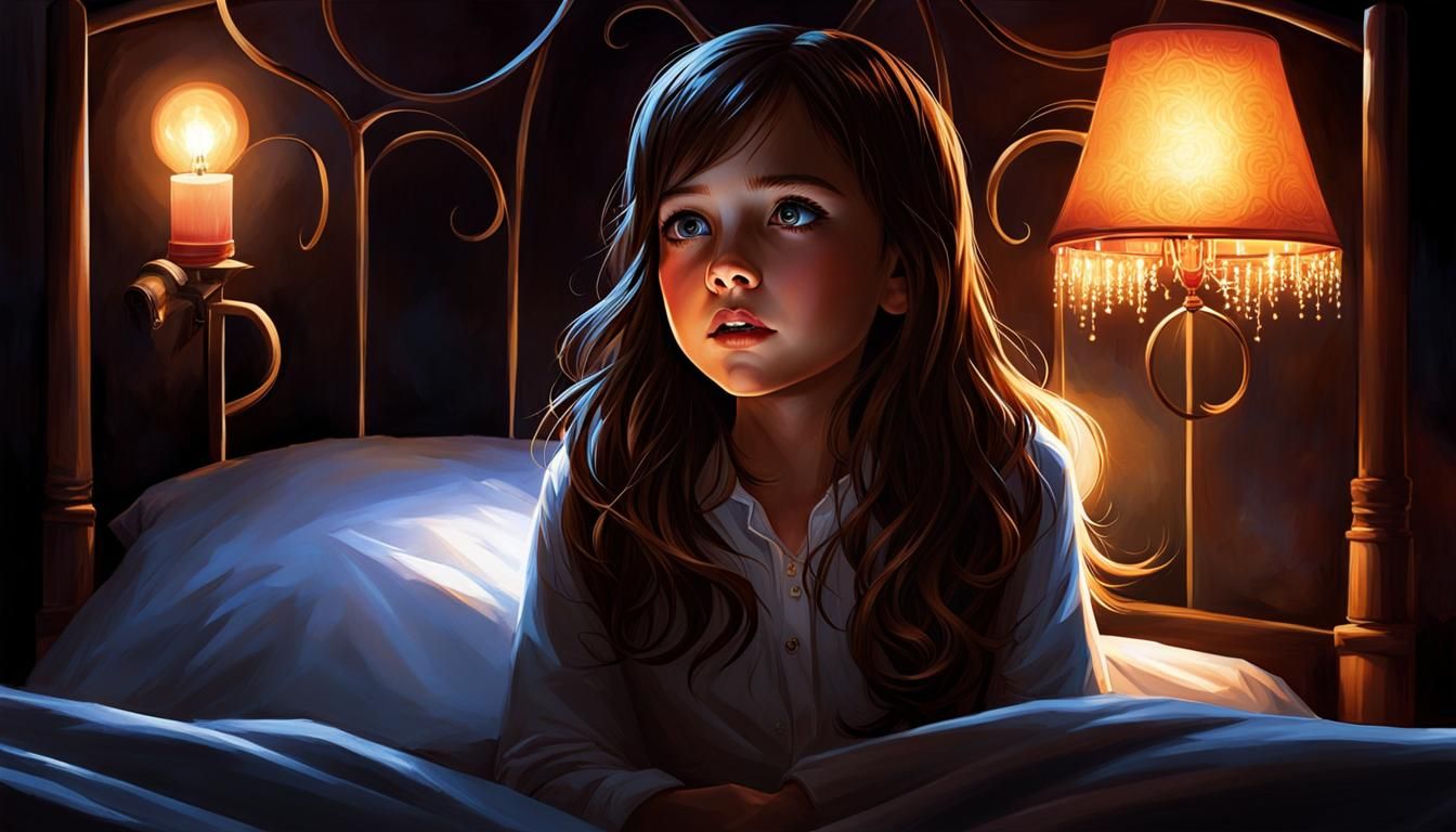 Young Girl Confronted by Frightening Creature in Dark Bedroo...