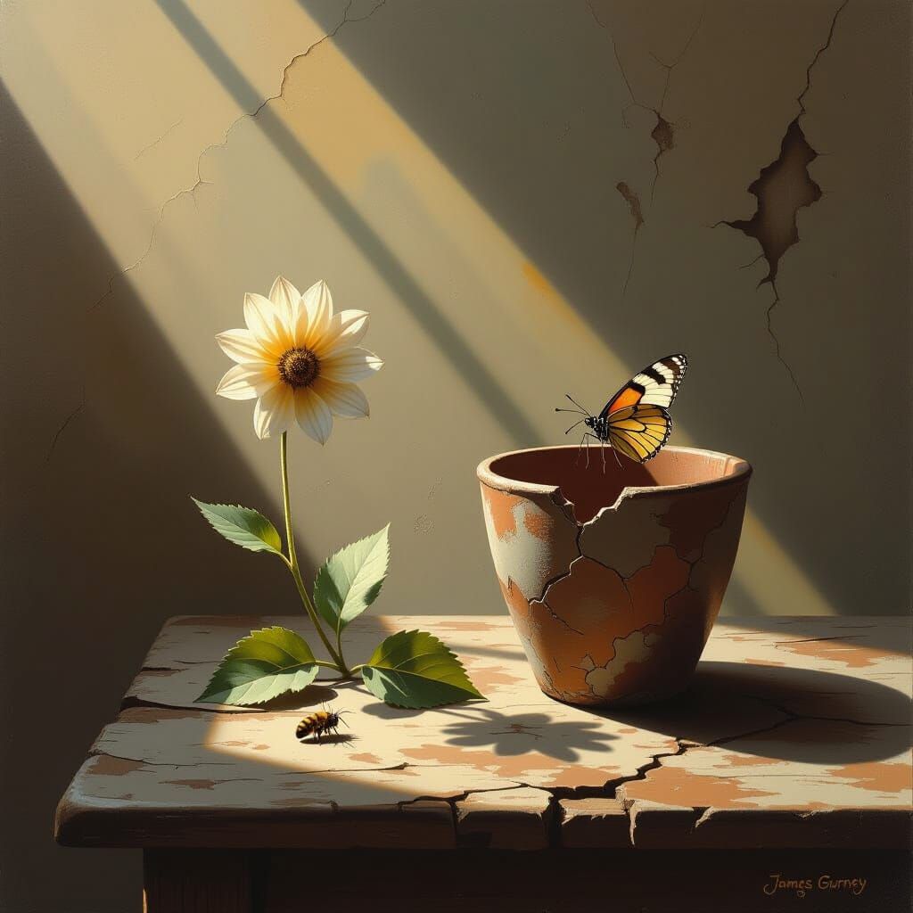 Poignant Digital Oil Painting of Solitary Dead Flower