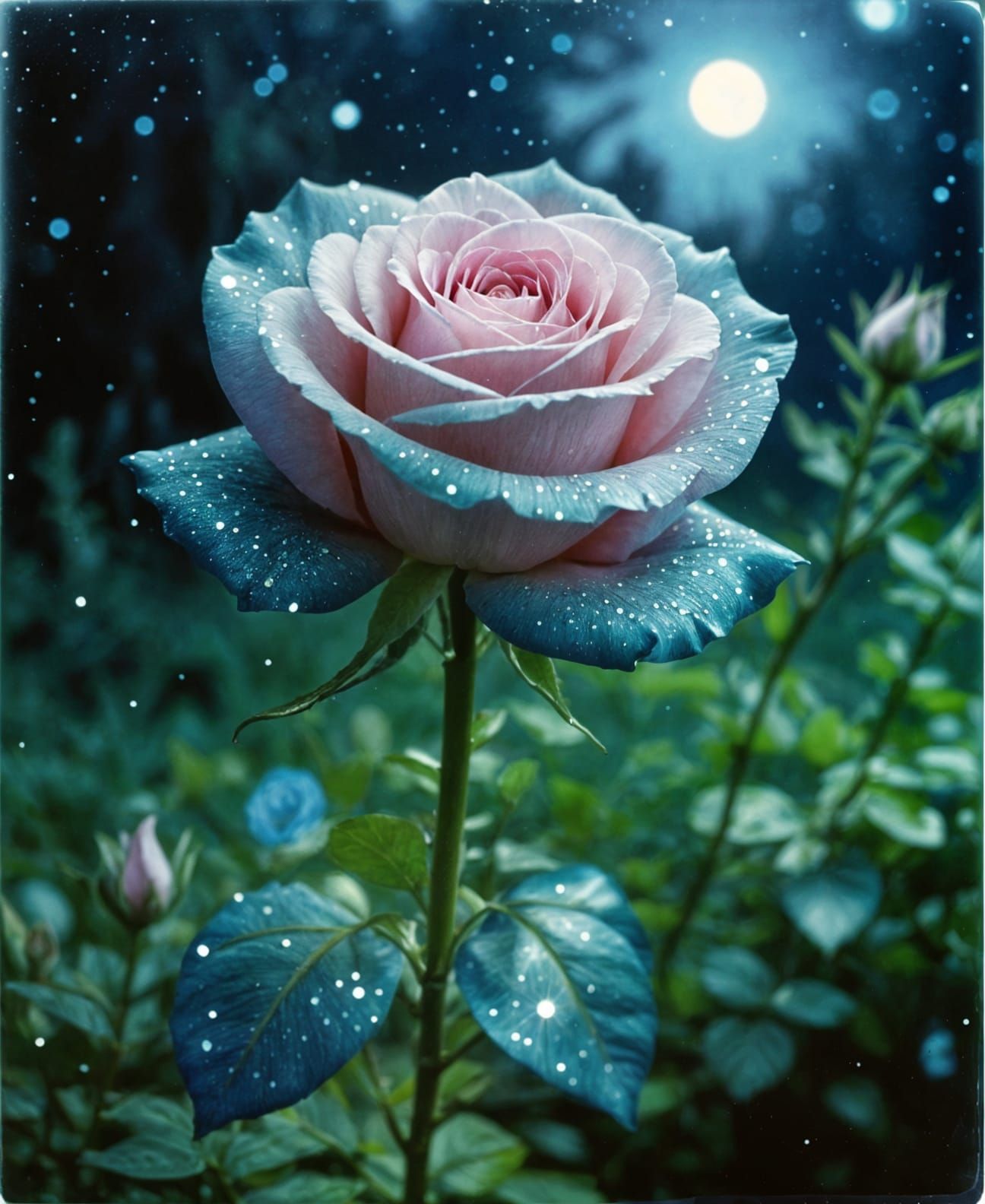 Magical Blue Rose in Moonlit Garden