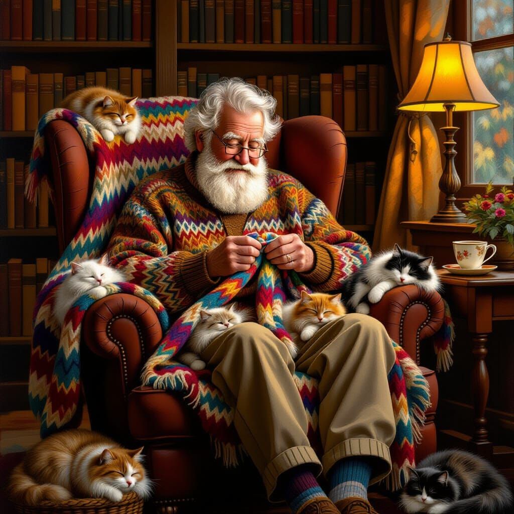 Elderly Man Knits with Cats in Cozy Armchair
