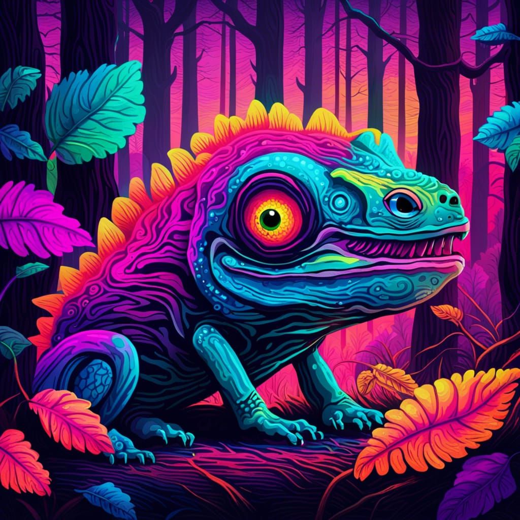 Vibrant Pop Surreal Camaleón in Neon Retro Forest