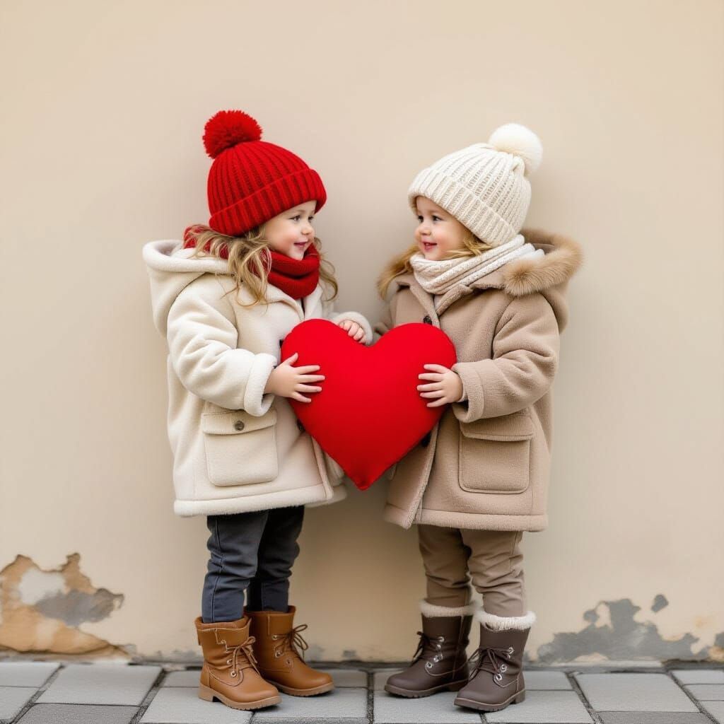 Children in Winter Attire by Old Wall Holding Heart Pillow