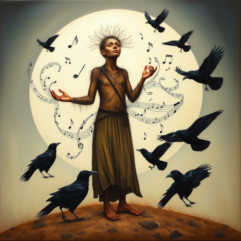 Surreal Figure Creates Music Amidst Crows and Notes