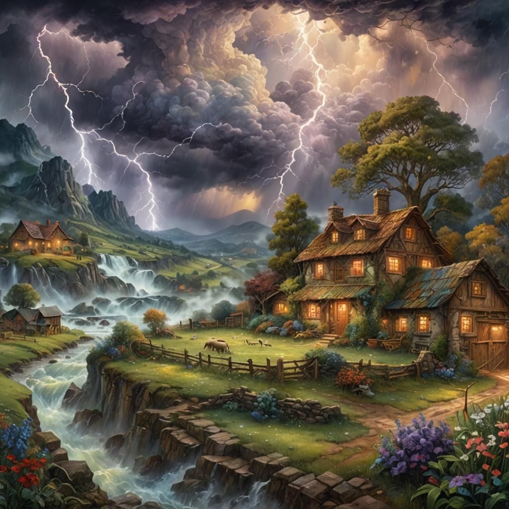 Stormy Farm Landscape in Opulent Art Nouveau Style
