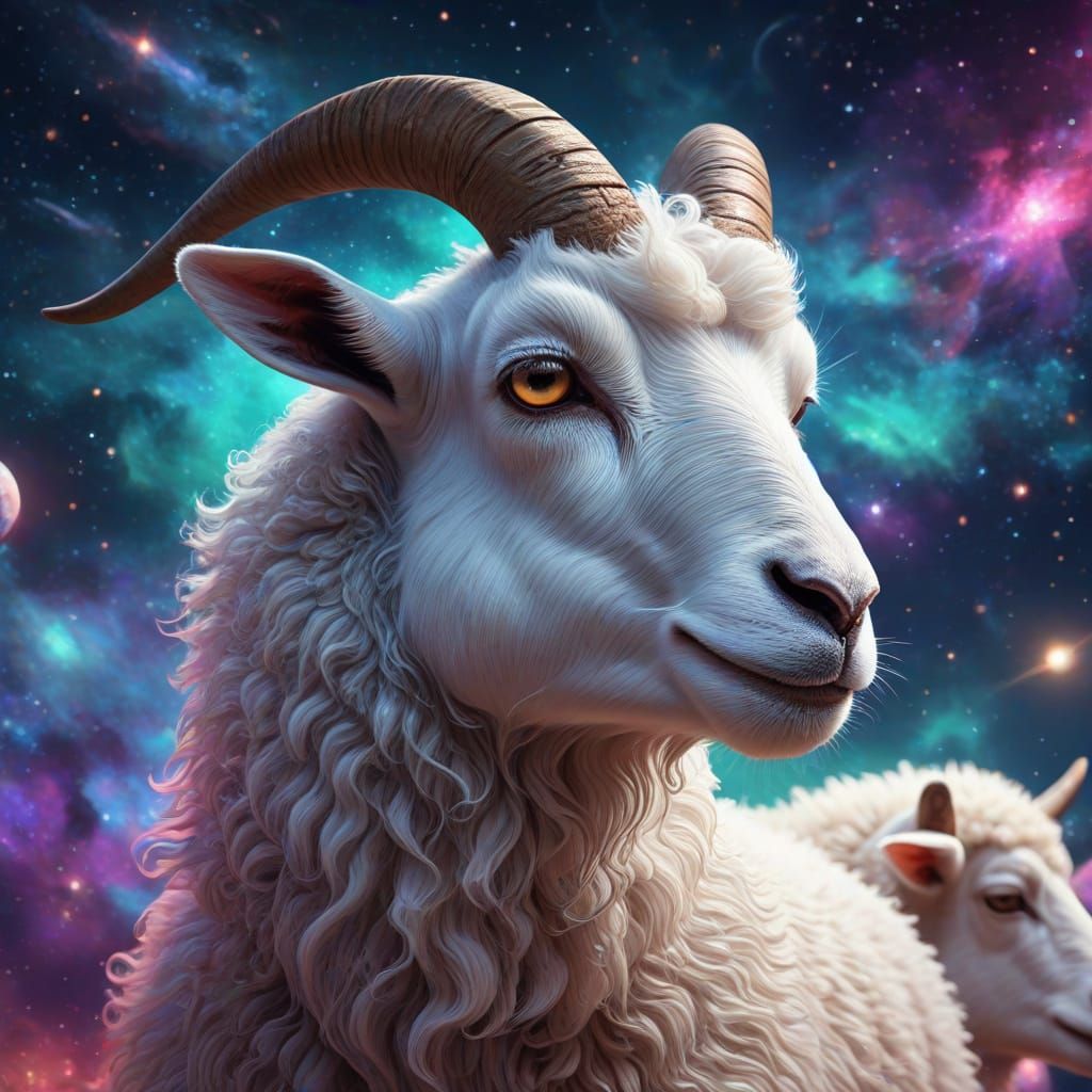 Surreal Goat and Sheep in Outer Space