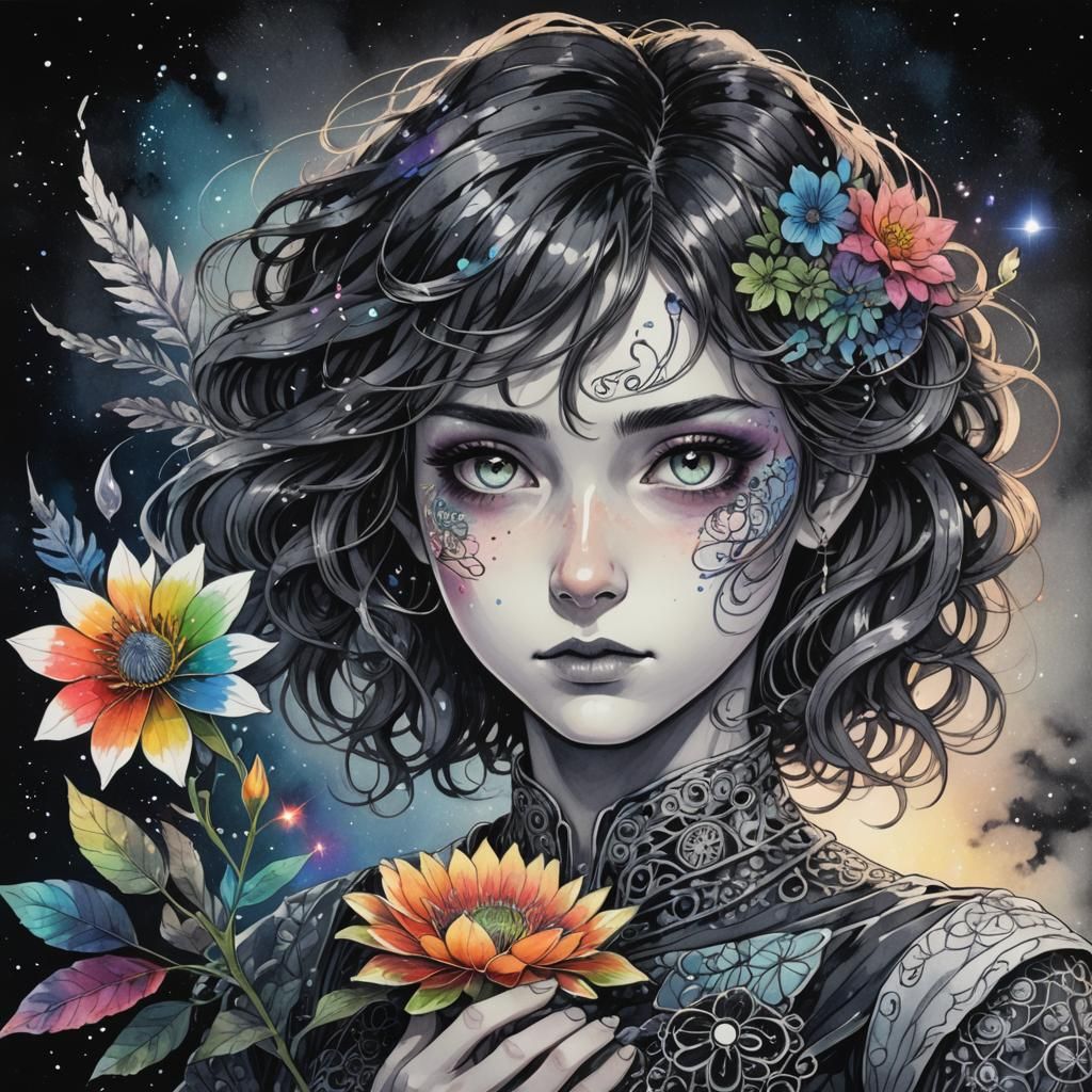 Ethereal, 80s Anime-Inspired Goddess Amidst Creepy Night Sky