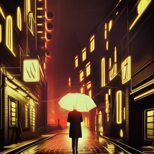 Noir Robot in Rainy Sepia Landscape