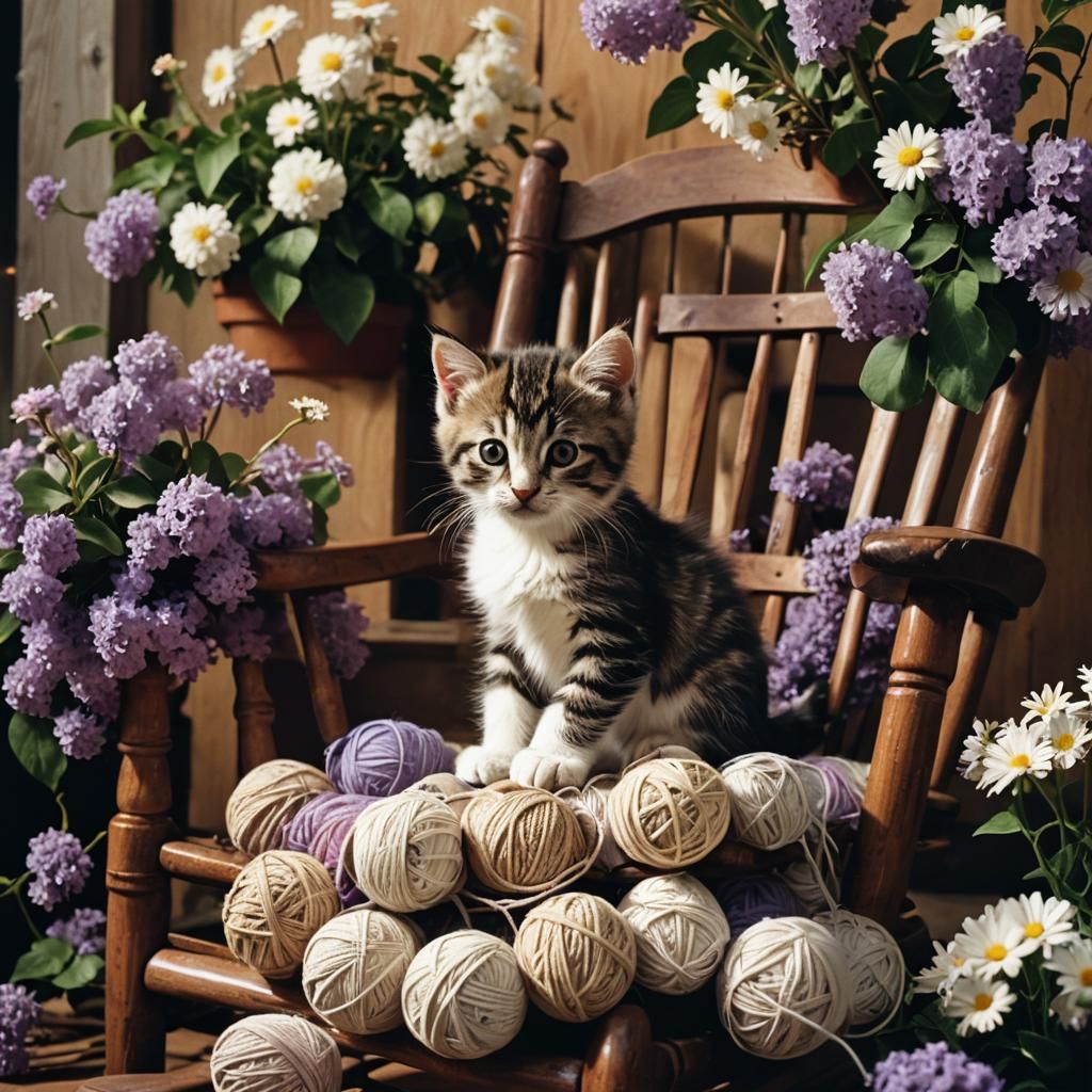 Whimsical Kitten's Evening Delight in Floral Paradise