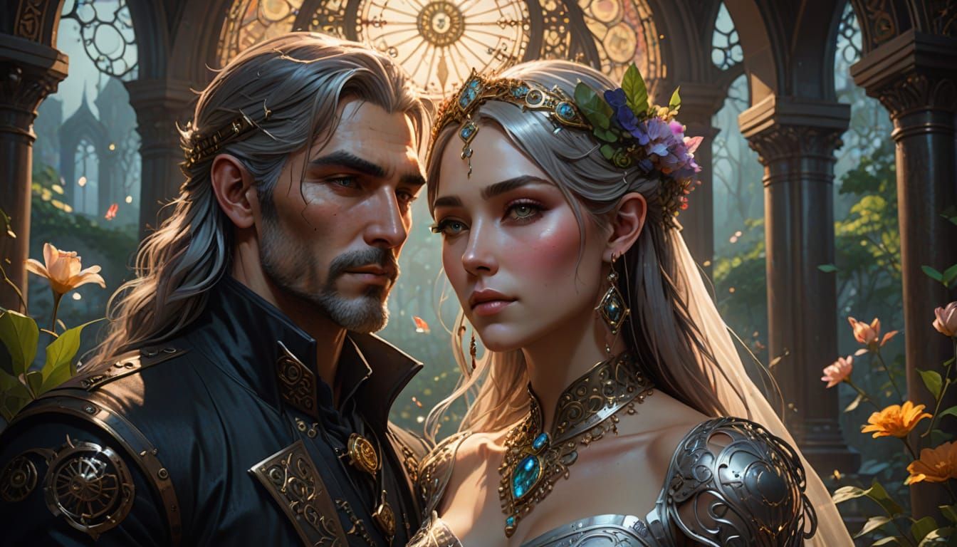 Steampunk Elven Couple Embrace in Gothic Garden