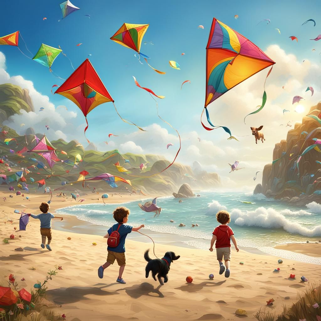 Children's Whimsical Kite Flying Adventure on a Sunny Beach