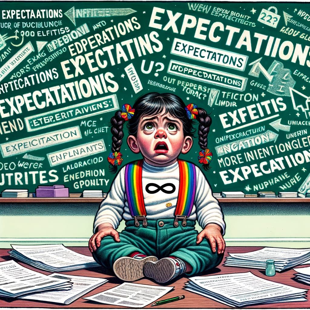 Child Overwhelmed by Expectations in Cartoon Style