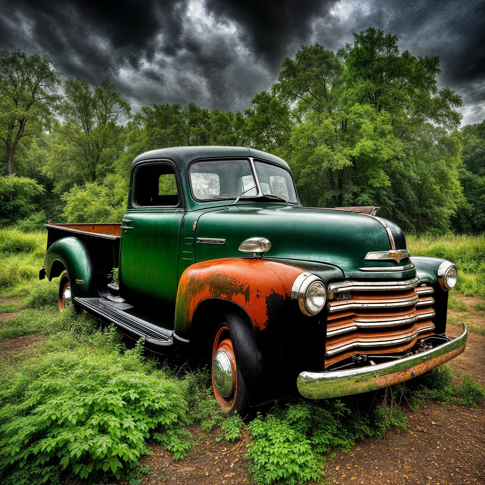 HDR style, old black and rust colored chevy truck, stormy sky in background, green foliage framing shot