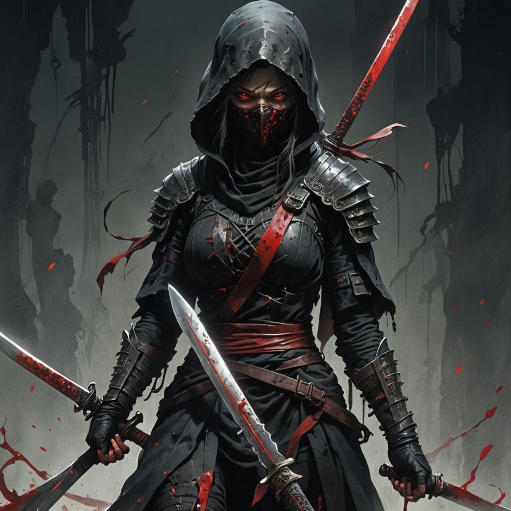 Dark Fantasy Female Ninja in Gritty, High-Contrast Style