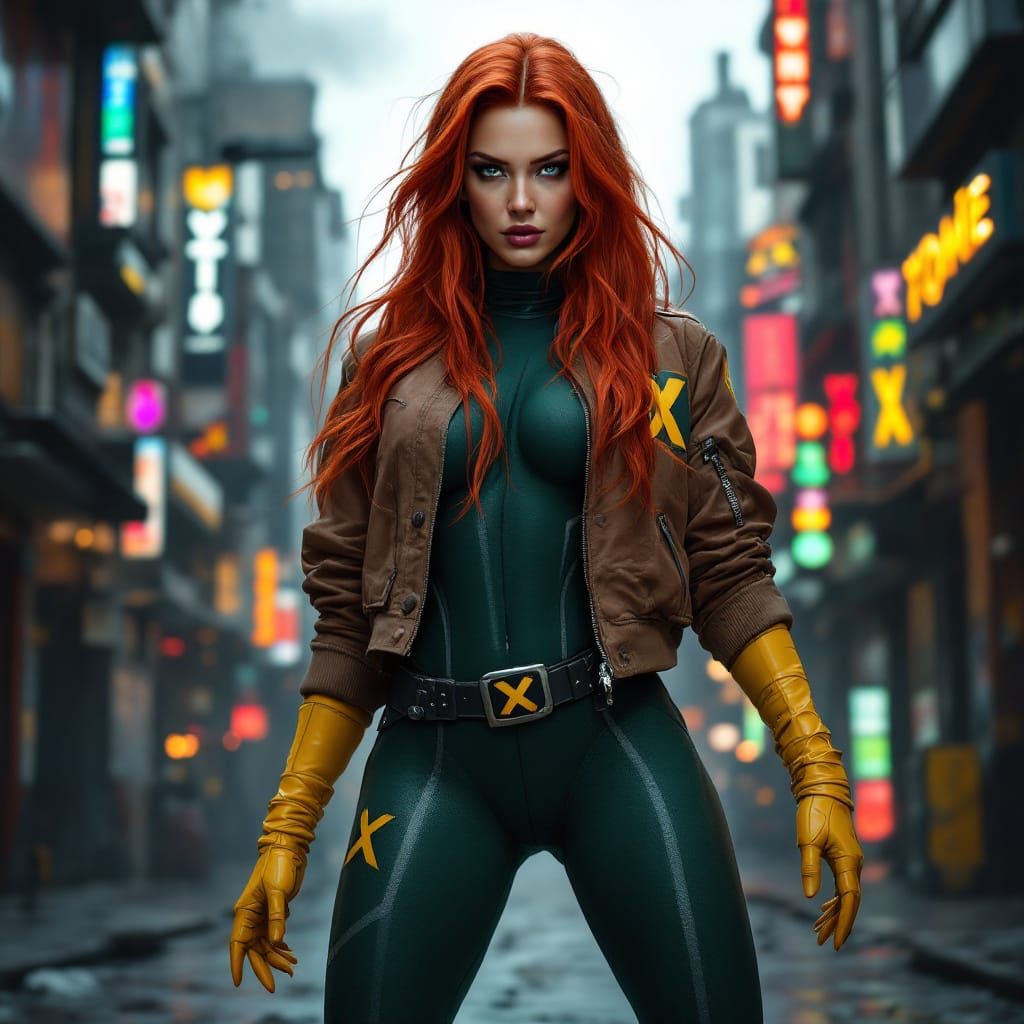 Rogue in Rocco-Green and White X-Suit, Cyberpunk Style