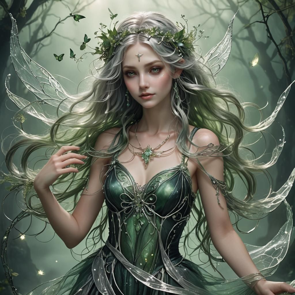 Enchanted Fairy in Shimmering Green and Silver Garb