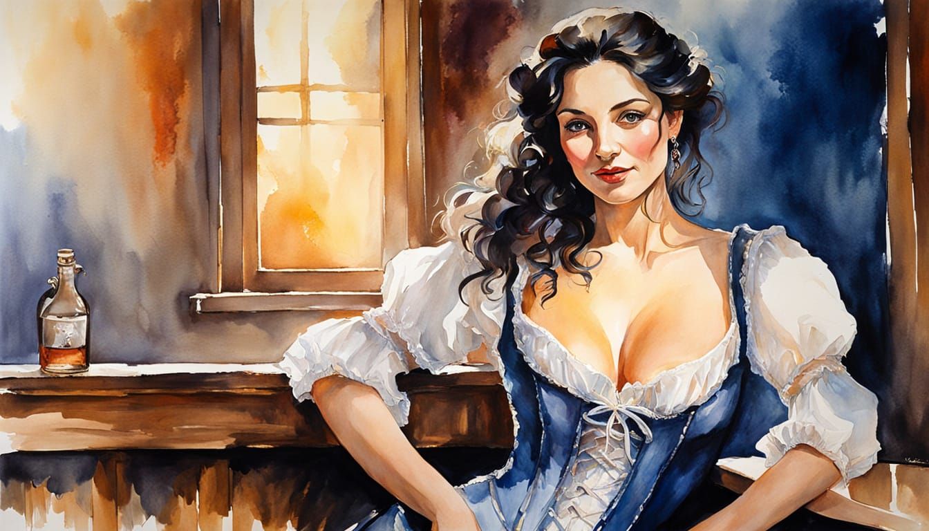 Old West Saloon Woman Smiling Over Shoulder in Rembrandt Sty...