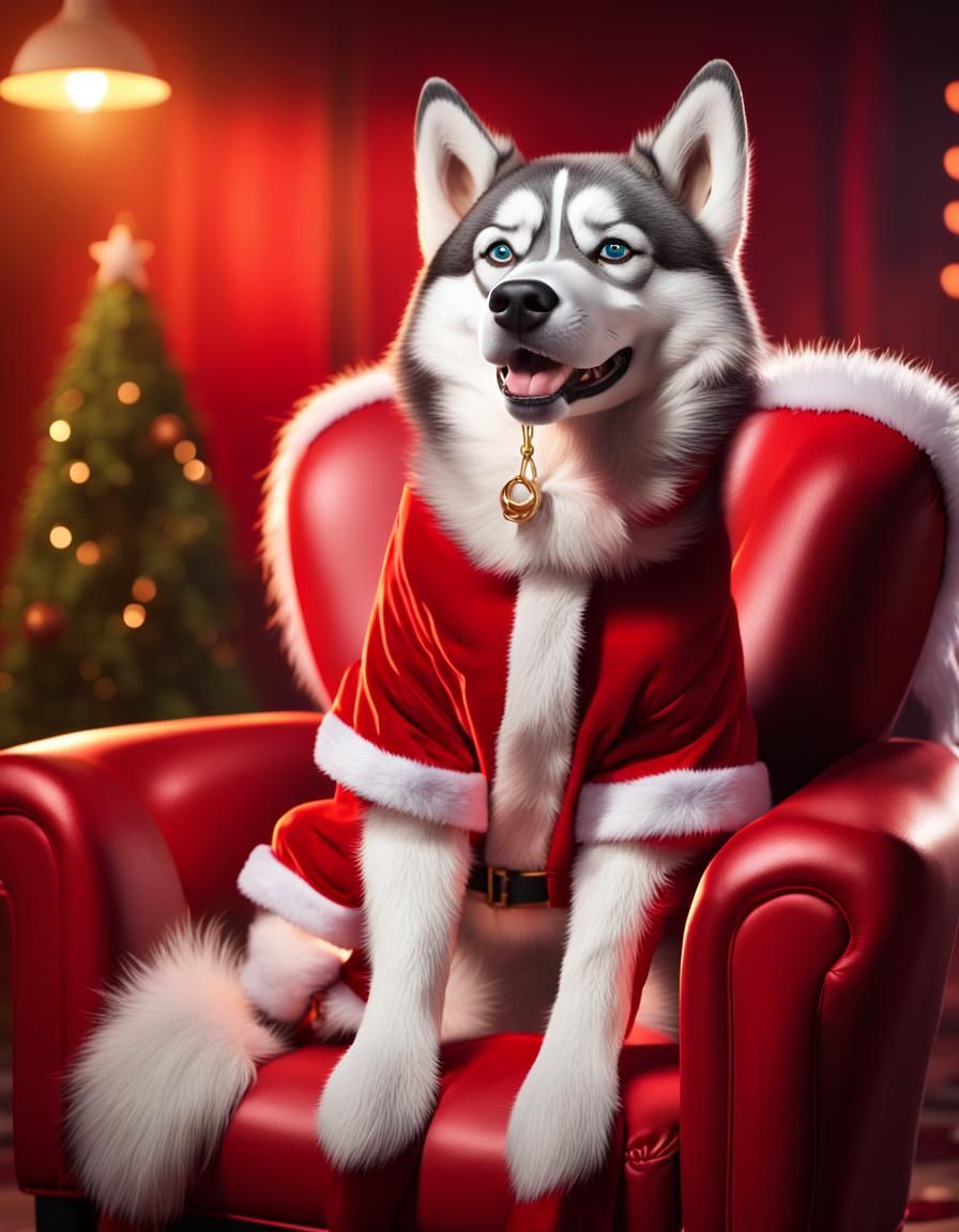 Husky dressed as Santa Clause
