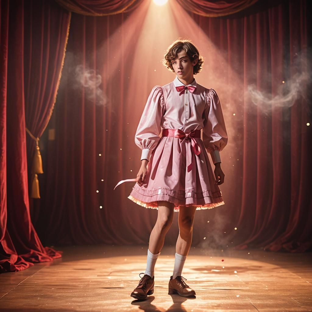 Timeless Teenage Boy in a Pink Minidress, Golden Hour Elegan...